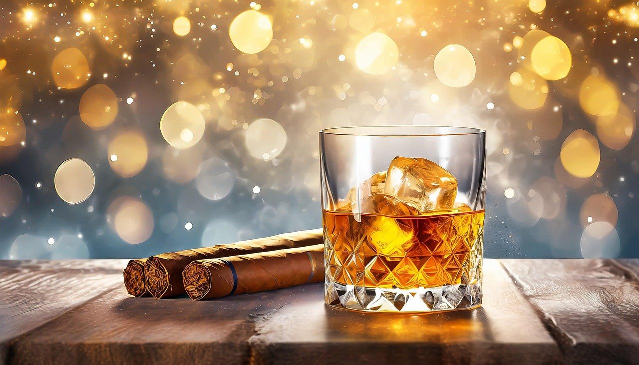 whiskey, glass, alcohol, drink, tobacco, cigar, ice cubes, chilled, enjoyment, table, wooden table, sparkle, stars, lights, smoking, relax, break, quiet